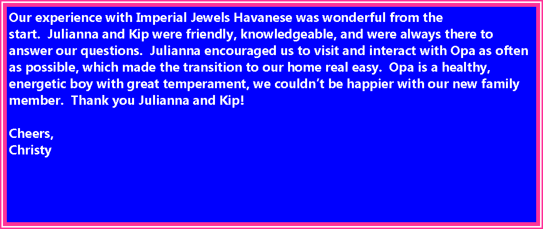 Text Box: Our experience with Imperial Jewels Havanese was wonderful from the start.  Julianna and Kip were friendly, knowledgeable, and were always there to answer our questions.  Julianna encouraged us to visit and interact with Opa as often as possible, which made the transition to our home real easy.  Opa is a healthy, energetic boy with great temperament, we couldnt be happier with our new family member.  Thank you Julianna and Kip!Cheers,Christy